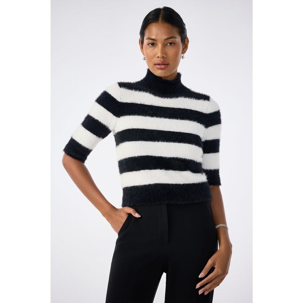 Trina Turk Mali Mock Neck Pullover Sweater Short Sleeve Black White Stripe Large